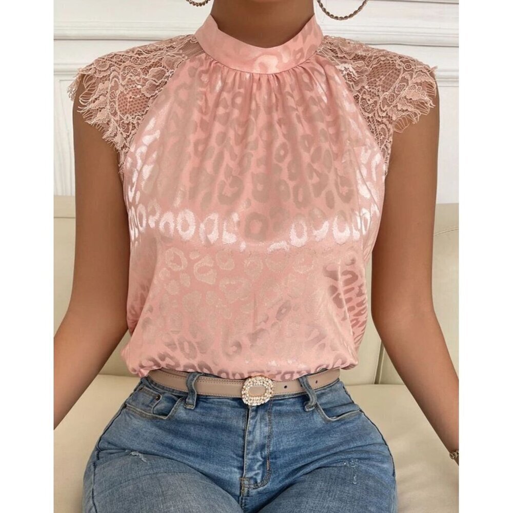 Leopard Elegant Dusty Pink Contrast Lace Satin Blouse